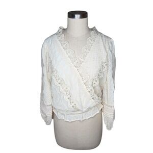 MISS ME Embroidered Faux Wrap Blouse Cream Eyelet Lace Women's Size Medium Boho